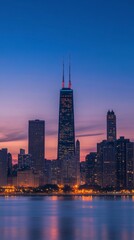 Fototapeta premium tall buildings illuminated at sunset next to a lake in Dubai with copy space vertically 9:16