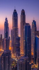 Obraz premium tall buildings illuminated at sunset next to a lake in Dubai with copy space vertically 9:16