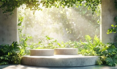 Concrete display podium with lush green foliage and soft natural light for cosmetic products