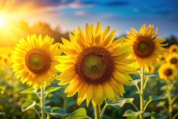 Fototapeta premium Sunflowers: tall stems, bright yellow blossoms, a breathtaking summer field photographed close-up.