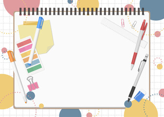 文房具とノートのセット、ポップな背景、横向き