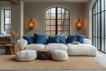 Fototapeta premium Minimalist Scandinavian Living Room Interior with Comfortable Sofa and Blue Cushions