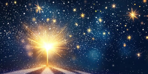 Magical starry night celebration with glowing bright light burst and sparkling stars perfect for holiday season card, celestial themed design, or festive event background in deep blues and golds