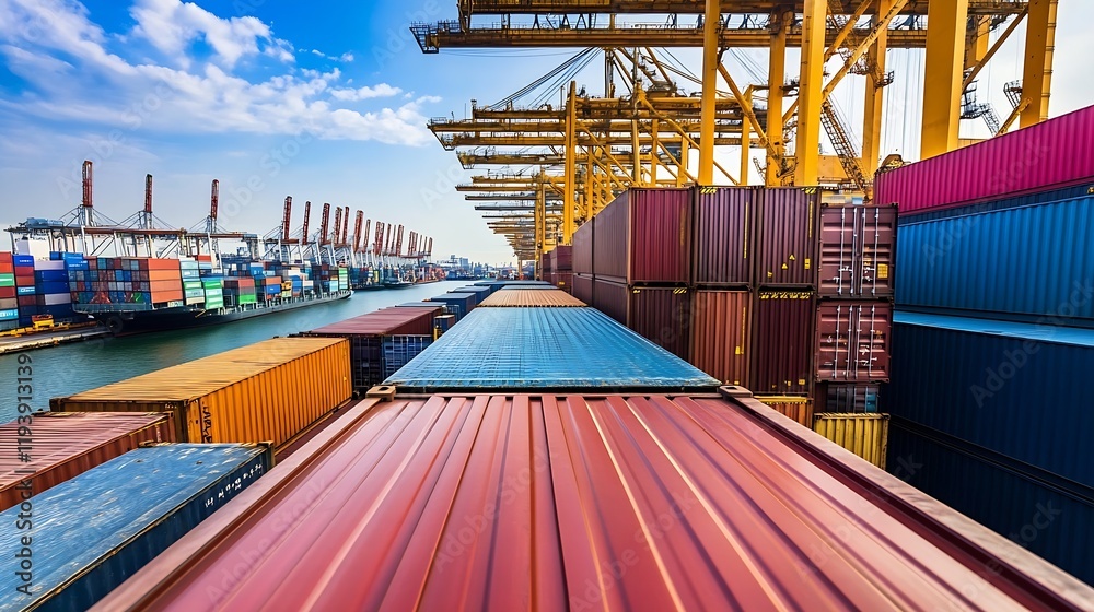Poster Busy Container Terminal with Multicolored Freight Containers Under Bright Sky : Generative AI