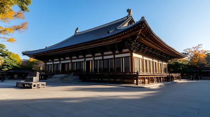 Traditional Japanese Temple with Intricate Architecture Amidst Autumn Foliage and Clear Blue Sky : Generative AI