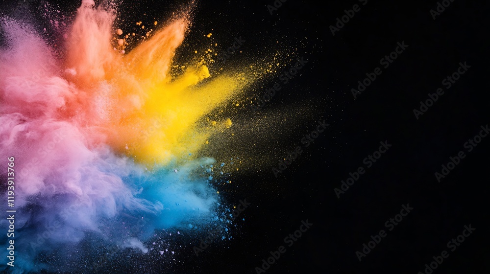 Poster vibrant explosion of multicolored powder on black background : generative ai