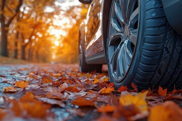 Close-up Car Tire on Autumn Leaves with Sunlight in Park