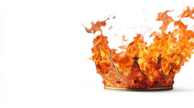 A flaming crown symbolizes power and destruction, merging royalty with chaos in a striking visual contrast.