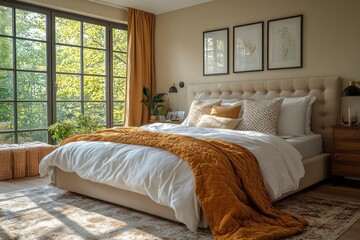 Cozy Modern Scandinavian Bedroom Interior with Natural Light and Warm Tonal Palettes