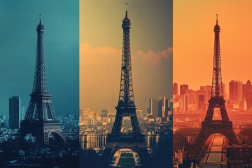 Obraz premium Iconic view of the Eiffel Tower showcasing city skyline during different times of day. Generative AI