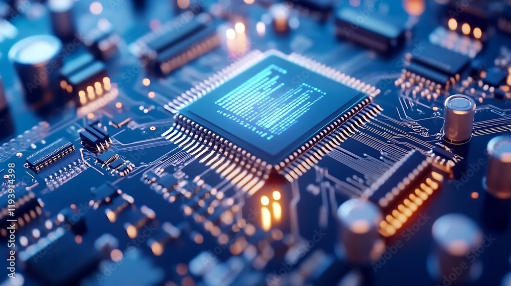 Fototapete Detailed close-up of a digital microchip circuit board with glowing data visualization : Generative AI