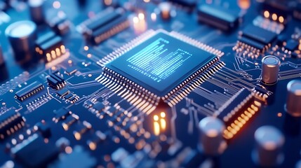 Fototapeta premium Detailed close-up of a digital microchip circuit board with glowing data visualization : Generative AI