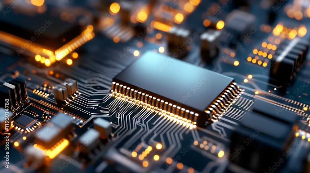 Aufkleber Closeup of electronic circuit board with glowing components showcasing advanced technology : Generative AI