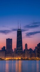 Fototapeta premium tall buildings illuminated at sunset next to a lake in Dubai with copy space vertically 9:16