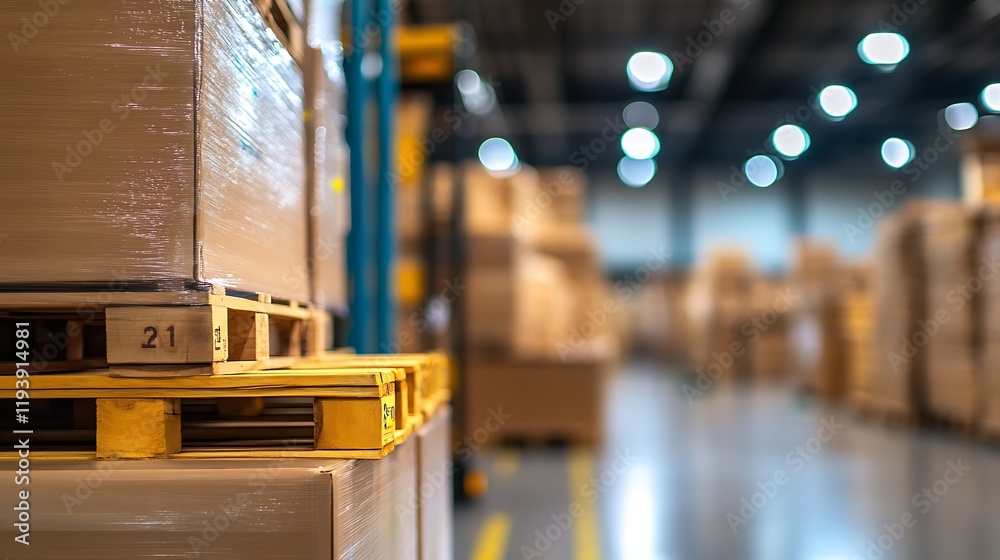 Leinwandbilder Warehouse Pallets and Boxes in a Well-Lit Industrial Setting with Defocused Background : Generative AI