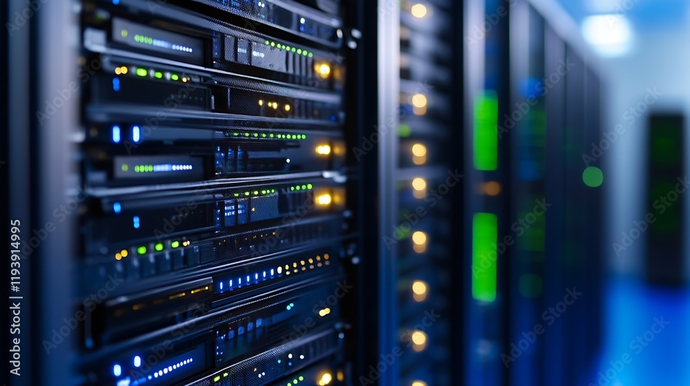 Poster Advanced data center with sleek server racks and illuminated system indicators : Generative AI