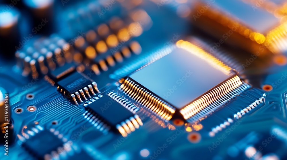 Poster Closeup of Computer Microchip with Golden Circuit Lines on a Blue Background : Generative AI