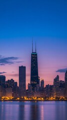 Obraz premium tall buildings illuminated at sunset next to a lake in Dubai with copy space vertically 9:16