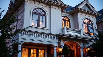 Luxury Home Exterior at Dusk: Elegant Architecture and Design.  A stunning example of classic home design with modern details, showcasing beautiful lighting and landscaping.