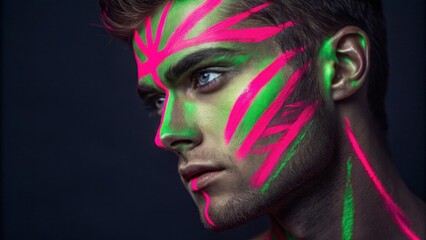 A striking image of a male portrait showcasing a chaotic blend of neon pink and green face paint with bold streaks that emphasize one eyebrow and create an artistic flare around
