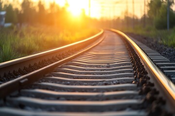 Fototapeta premium Railway Tracks Extending into the Sunset Creating a Silhouette Effect : Generative AI