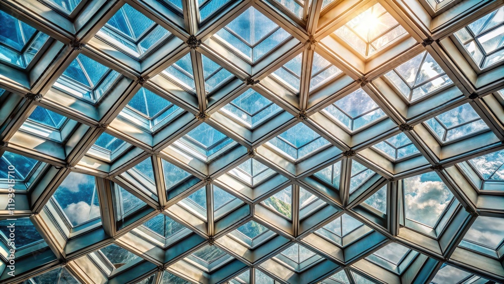 Poster Intricate Geometric Skylight Design Featuring a Complex Pattern of Interlocking Glass Panels and Metal Frames