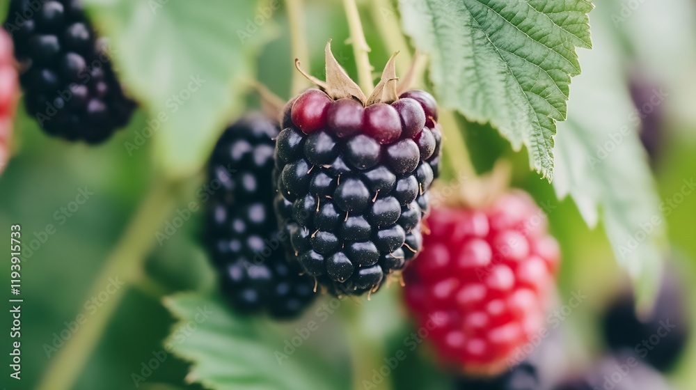 Poster ripe blackberries and unripe raspberry on a green leaf in the garden : generative ai