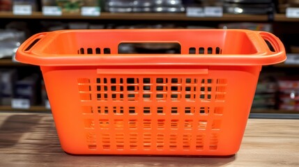 Fototapeta premium A Vibrant Orange Plastic Shopping Basket on a Wooden Countertop