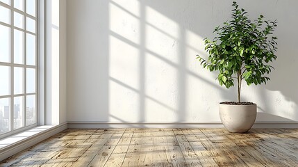 Sunlight illuminates a minimalist room with a potted plant