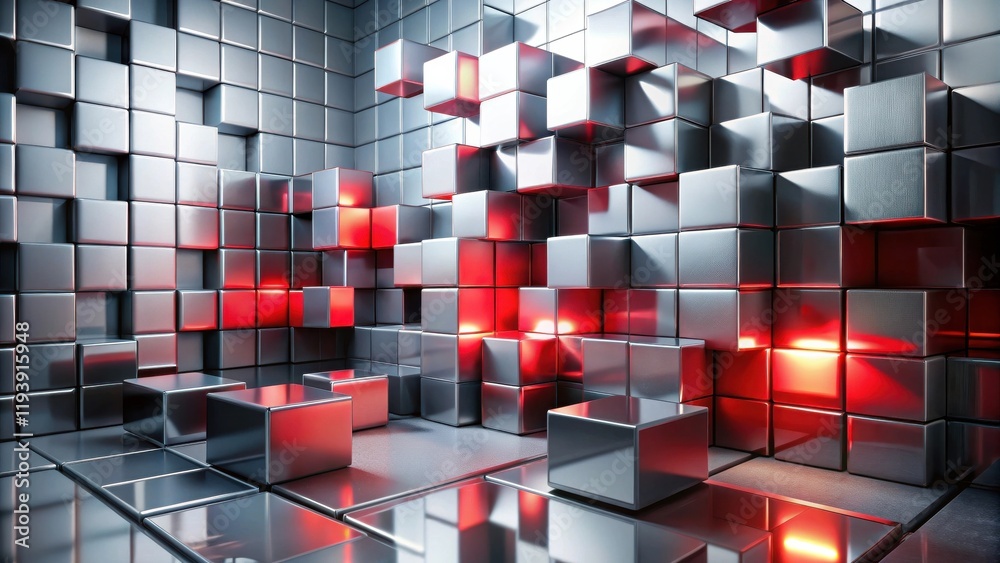 Poster abstract metallic cube structure with glowing red accents