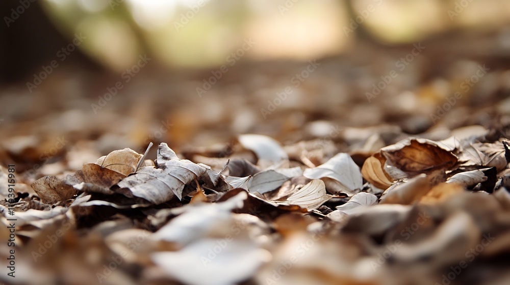 Poster Autumn Leaves Scattered on Ground in a Soft Focus Forest Setting : Generative AI
