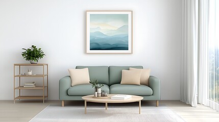 Serene Living Room with Mountain Art - Biophilic Design (plant