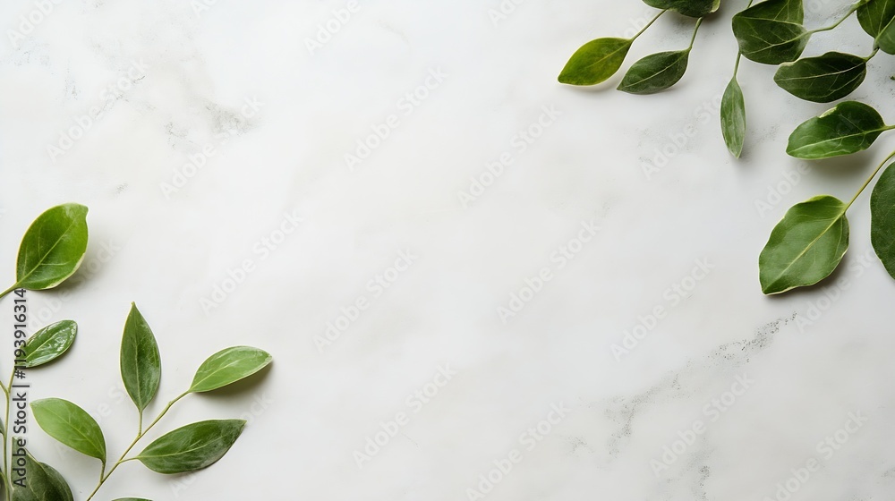 Poster minimalist leaf arrangement on white marble background for fresh and elegant designs : generative ai