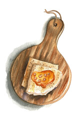 Watercolor illustration of a wooden board with pancakes and honey.