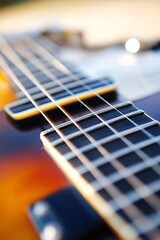 Fototapeta premium Macro Shot of Acoustic Guitar Strings with Warm Sunlight Reflection : Generative AI