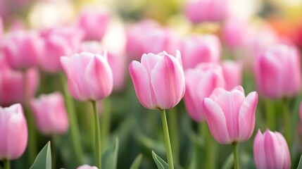 Fototapeta premium Beautiful Pink Tulips in Bloom in a Vibrant Spring Garden Pastel Floral Elegance : Generative AI