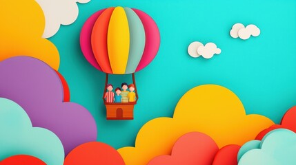 Naklejka premium Colorful Hot Air Balloon Adventure with People in Paper Clouds