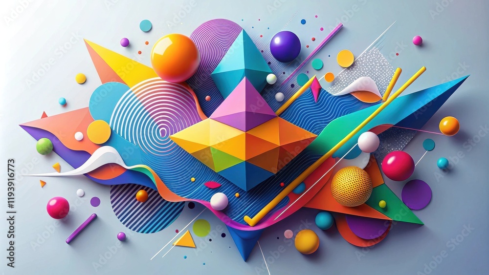 Poster vibrant abstract composition featuring geometric shapes and dynamic curves