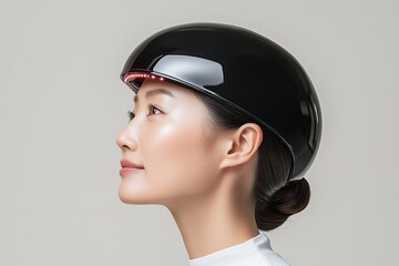 Futuristic red light therapy device in use, promoting healthy hair and skin.