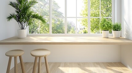 Fototapeta premium Sunny Window Seat with Plants & Stools - Minimalist Design