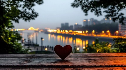 Fototapeta premium Romantic Night Cityscape with Heart on Wooden Table