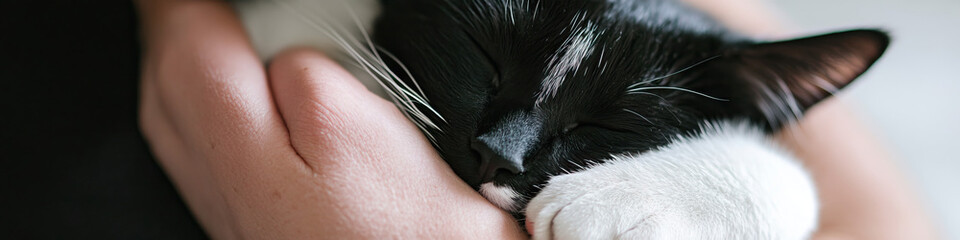 Fototapeta premium Black and White Cat Sleeping in Human Hands