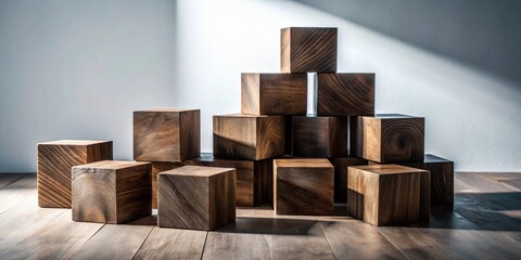 Dark brown wooden cubes arranged on a wooden surface in a pyramid shape, illuminated by sunlight