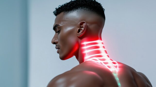 Futuristic red light therapy on neck and spine.