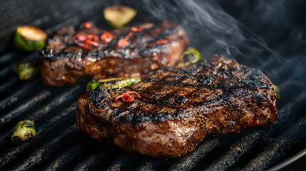 Grilled steaks with spices and vegetables on the barbecue.