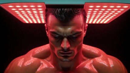 Muscular man undergoing futuristic red light therapy.