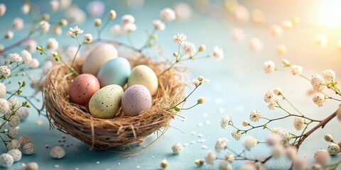 Fototapeta premium Pastel Easter eggs nestled in a bird's nest surrounded by delicate white blossoms