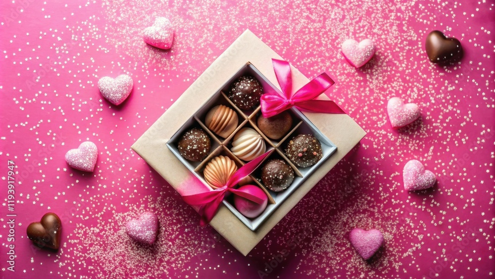 Poster a gift box of assorted chocolates adorned with a pink ribbon, surrounded by pink heart-shaped candie