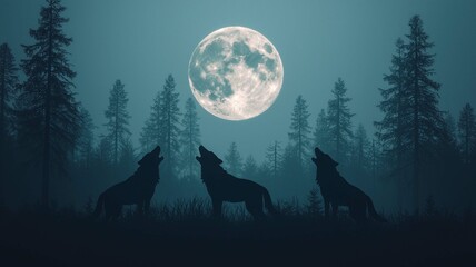 Fototapeta premium Three wolves howl under a full moon, surrounded by dark forest silhouettes, creating a mystical and moody nighttime atmosphere.