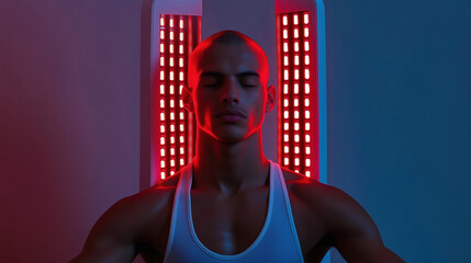 Futuristic red light therapy session. Man relaxes under red LED lights.